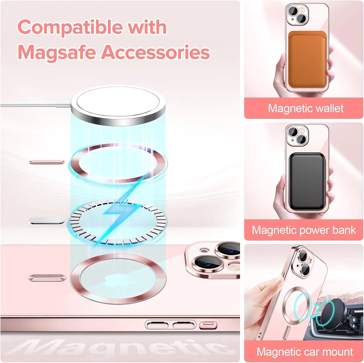 Transparent Phone Case for Apple Iphone 15 Clear Magnetic Case, [Yellow Resistant] Slim Fit Shockproof Transparent Crystal Clear Magnetic Case for Apple Iphone 15, Rose